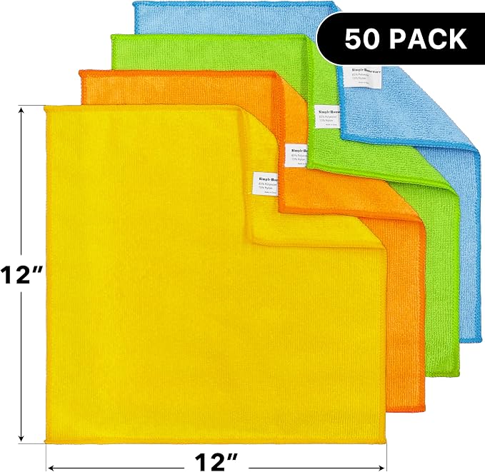 Simple Houseware 12" x 12" Microfiber Cleaning Cloth 50 Pack, 4 Colors