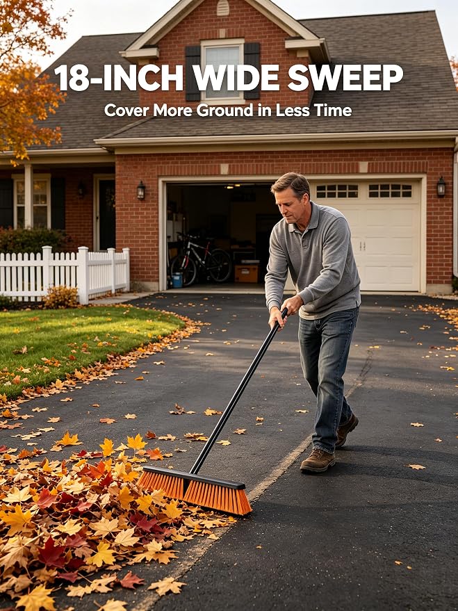 Push Broom, Outdoor Broom, Push Broom Outdoor for Garage, Deck | 18‑inch stiff bristle head works as garage, shop & industrial broom for concrete, decks, patios. Ergonomic handle + hook