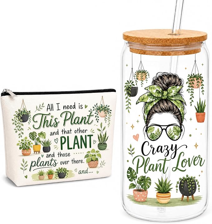 Women in Plant Lover Canvas Pouch and Glass Tumbler Set, 20oz Reusable Glass Cup with Bamboo Lid & Straw, Botanical Print Makeup Bag, Plant Theme Gift Set for Daily Use & Home Organization