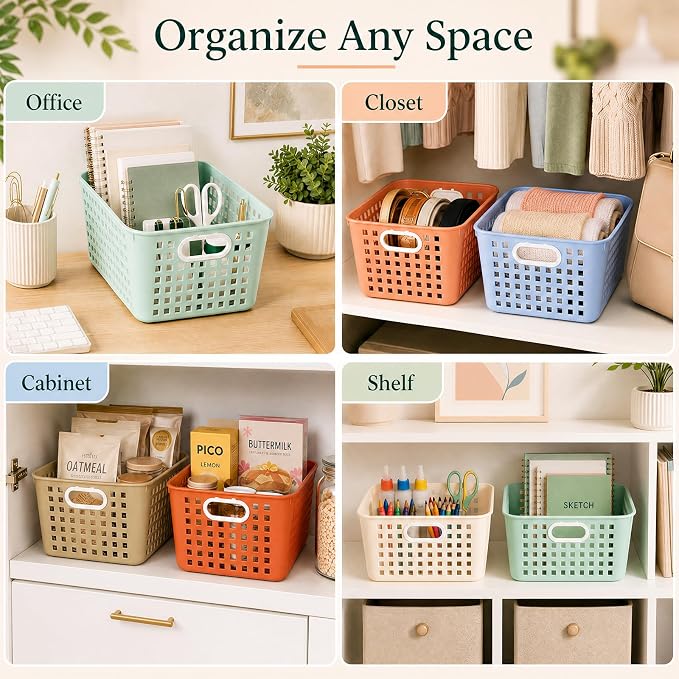 6 Pack Plastic Classroom Storage Baskets, Organizer Bins with Handle | Vintage Color 11" × 7.1" × 4.6" Medium Papers Book Storage Organizer for School Classroom Library Office Home Desktop Closets