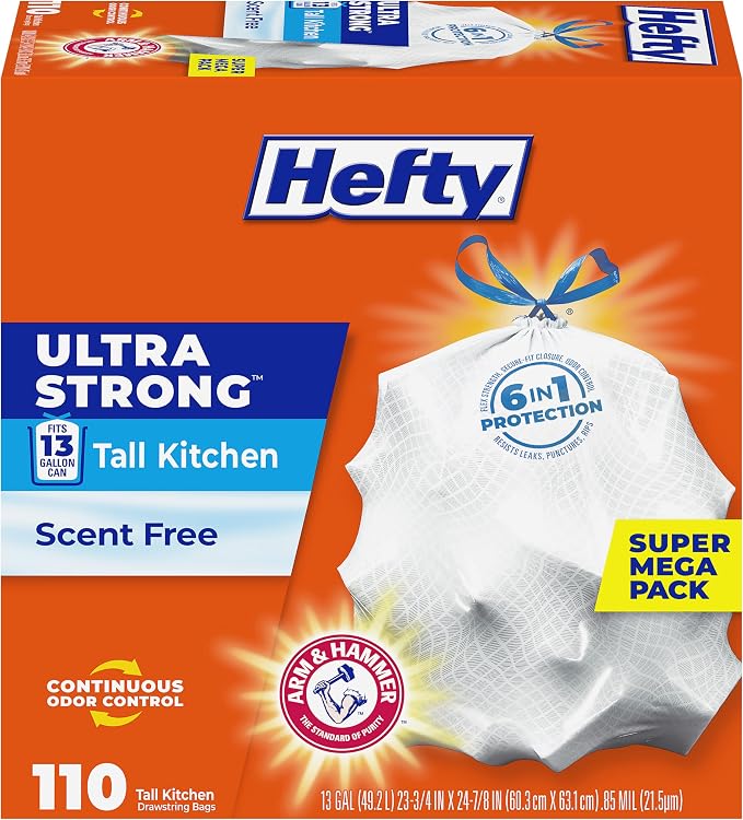 Hefty Ultra Strong 13 Gal Kitchen Trash Bags, White, Unscented, 110ct | Bulk Pack, 13G Tall White Trash Bags with Drawstrings for Kitchen, Resists Leaks, Punctures, Rips, Continuous Odor Control