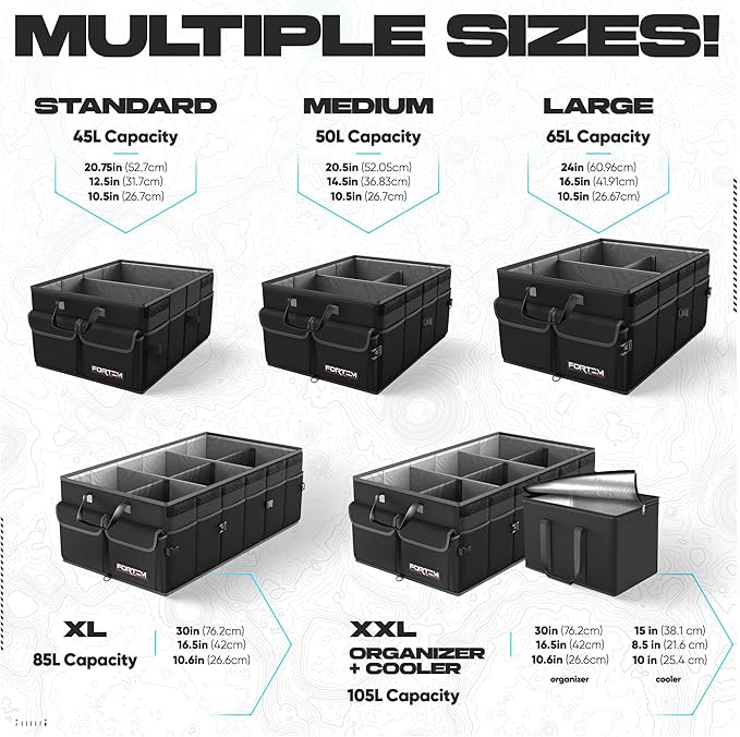 FORTEM Trunk Organizer - Foldable Car Organizer & Storage for SUVs & Trucks | Car Accessories for Men Women, Collapsible Bag, Non Slip Bottom, Straps, Soft Cover, 600D Oxford, Black, 2 Compartments, 45L