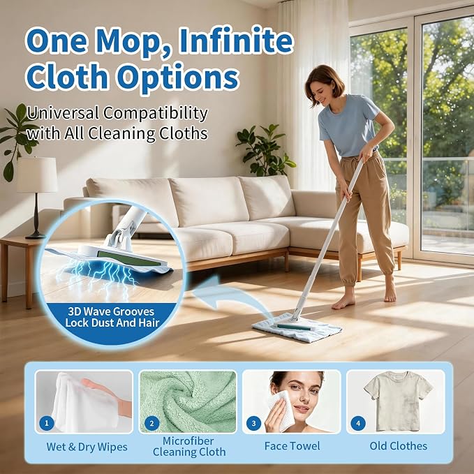 Small Mini Snap Grip Clamp Triangular Dust Mop, One-Click Cloth Change | Disposable Sweeper Mop Compatible with Swiffer Pads, Includes 2 Reusable Cloths for Hardwood, Tile & Small Space Cleaning