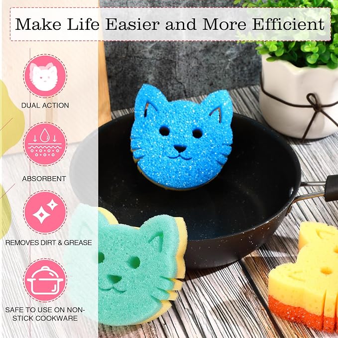 FillTouch Cat 3 Pcs Scrub Sponge, Green, Orange, Blue | Dual Sided Scrub Sponge, Non Scratch Temperature Color Sensitive, Soft Scrubbing for Kitchen Bathroom, Mommy Daddy