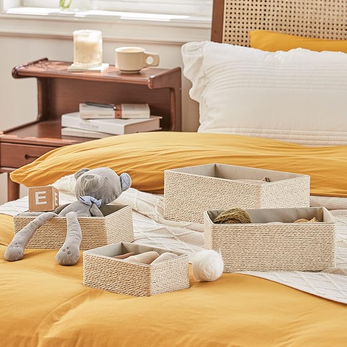LA JOLIE MUSE Bathroom Basket Organizers, Paper Rope Storage, Beige 4 Pack | Stackable, Sturdy Lined Woven Basket, Organizer for Toilet Paper, Laundry Room Essentials, Shelves and Nightstand Drawers