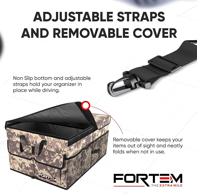 FORTEM Trunk Organizer - Foldable Car Organizer & Storage for SUVs & Trucks | Car Accessories for Men Women, Collapsible Bag, Non Slip Bottom, Straps, Soft Cover, 600D Oxford, 3 Compartments, 50L