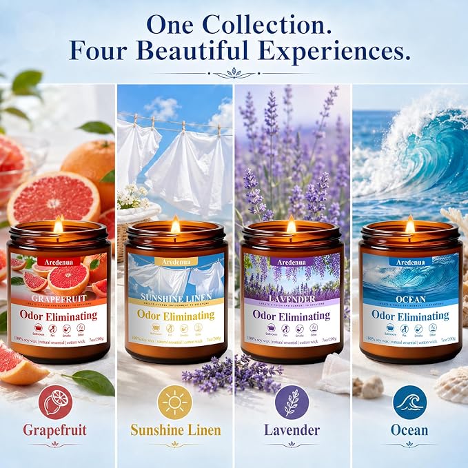 4 Pack Odor Eliminating Highly Fragranced Candle - Eliminates 95% of Pet, Smoke, Food & Other Smells Quickly - Air Freshing Scent of Grapefruit/Linen/Lavender/Ocean - 28oz Soy Candle Gift for Home