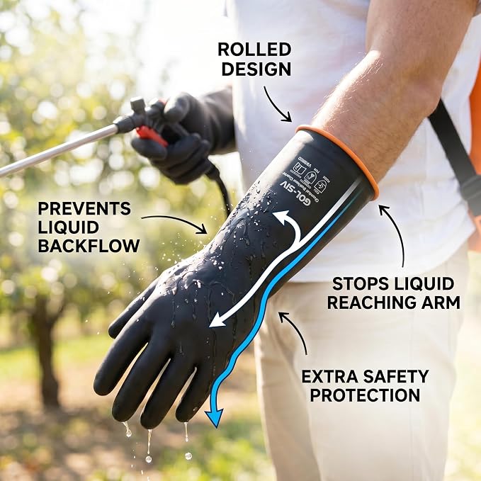 Chemical Resistant Gloves, Heavy Duty Latex Work Gloves - Waterproof, Resist Acid, Oil, Alkali - Industrial Rubber Dishwashing Gloves for Masonry & Car Detailing, 14in, 6 Pairs