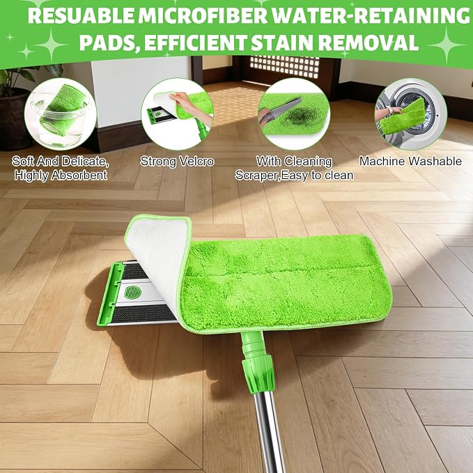 17.7" Microfiber Mop for Floor Cleaning, 360° Rotating Flat Mop with 4 Pads | ,59in Long Adjustable Stainless Steel Handle, 4 Washable Pads for Dry & Wet Cleaning for Hardwood, Vinyl, Laminate, Green