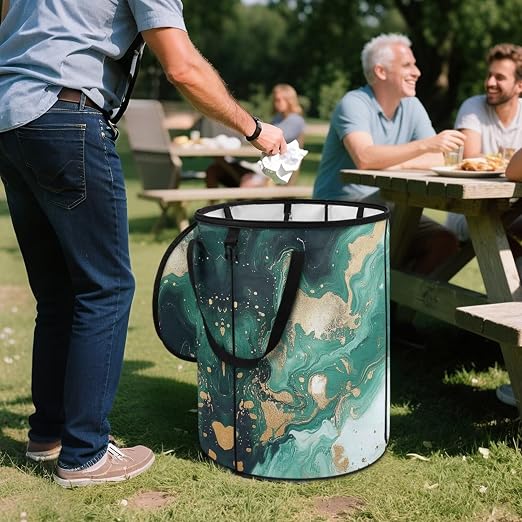 doginthehole Green Marble Print Outdoor Trash Can with Lid Large Capacity Collapsible Trash Can for RV Waterproof Garbage Bags for Yard, Camping, Picnic Home Outdoor Decoration