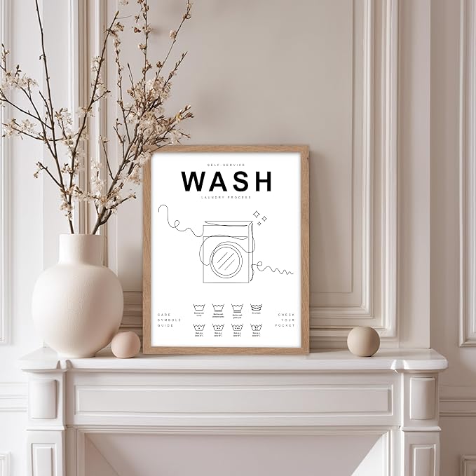 Poster Master 3-Piece Wash Dry Fold Print - Laundry Poster - Line Drawing Art - Black & White Design - Symbols & Guide Art - Minimal Laundry Room Decor - 11x14 Beige Framed