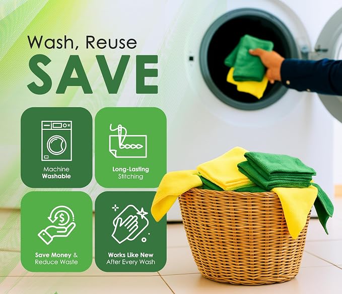 Microfiber Cleaning Cloths 16"x16" - Ultra Absorbent Cleaning Rags for Housekeeping - Reusable Microfiber Towels in Yellow and Green - Detailing Supplies for Kitchen Car Windows 5 Pack