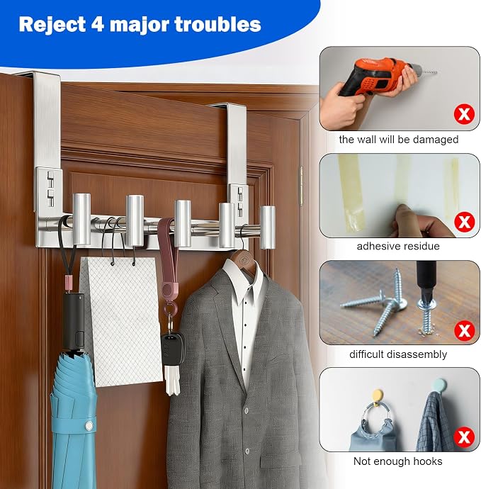 PMMASTO Door Hanger for 1-3/4 Inch Doors, Silver- 5 Hooks, T Shape | Stainless Steel Door Hooks Organize Coats Towels Robes in Bathrooms Bedrooms Closets