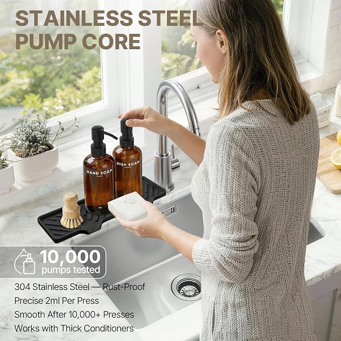 Kitchen Soap Dispenser Set with Self Draining Silicone Tray, Brush, Sponge | Hand and Dish Soap Dispenser Set, 2 x 17oz Amber Glass Soap Dispensers, Stainless Steel Pumps, Kitchen Sink Organizer