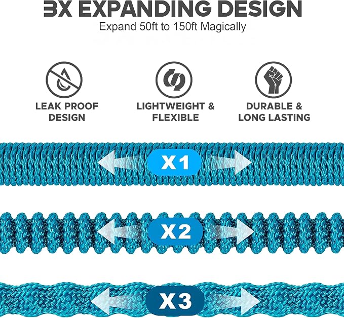 Expandable Garden Hose 150 ft with 10 Function Nozzle Sprayer, Lightweight Flexible Water Hose with Durable Collapsible Latex Core & Solid Brass Fittings, 150ft Retractable Stretch Hose, Blue