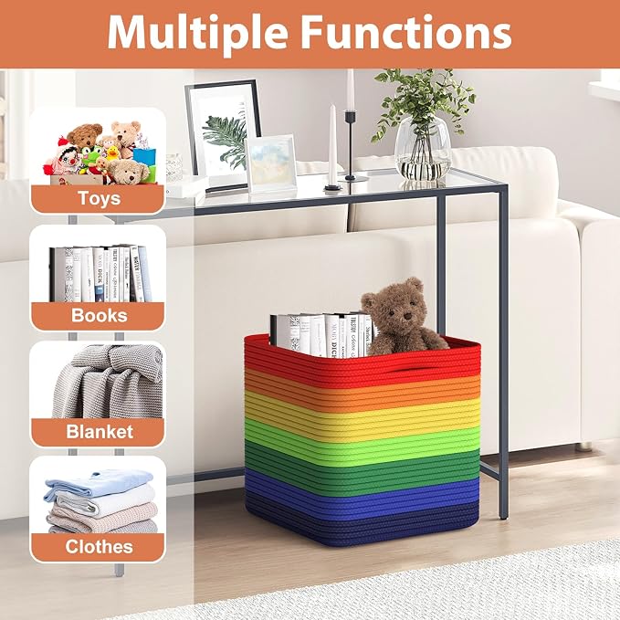 Storage Cotton Cubes 11 Inch, Woven Cotton Rope Storage Baskets for Toys Blanket Organizing, Storage Bins Decorative Organizer with Handles for Living Room Laundry Room Closet (3 Pack, Rainbow)