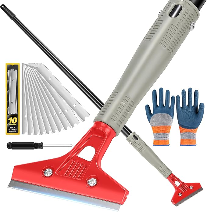 Floor Scraper Long Handle Heavy Duty, 30"-58" Long, 4" Wide Blade | Razor Blade Floor Scraper Tool, For Cleaning Stickers Gum Paint Hardwood Floor Wall Glass Tile Grout, 10 Extra Blades