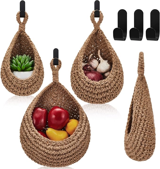 3 Hanging Baskets,Linen,Teardrop,Jute | Wicker Wall Baskets with Hooks for Fruit Vegetable Onion Storage, Teardrop Organizer for Kitchen, Boho Farmhouse Decor