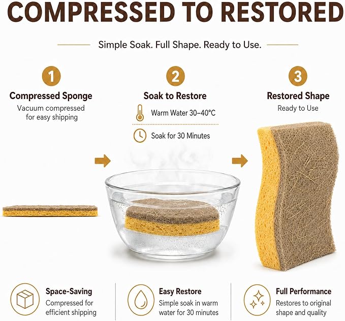 Natural Kitchen Sponges for Dish, 6 PCS Cellulose Sponge with Coconut Fiber | Natural cellulose & coconut fiber, Non-scratch cleaning, Rich lasting foam, Flexible design, Easy-grip shape, 6-pack value