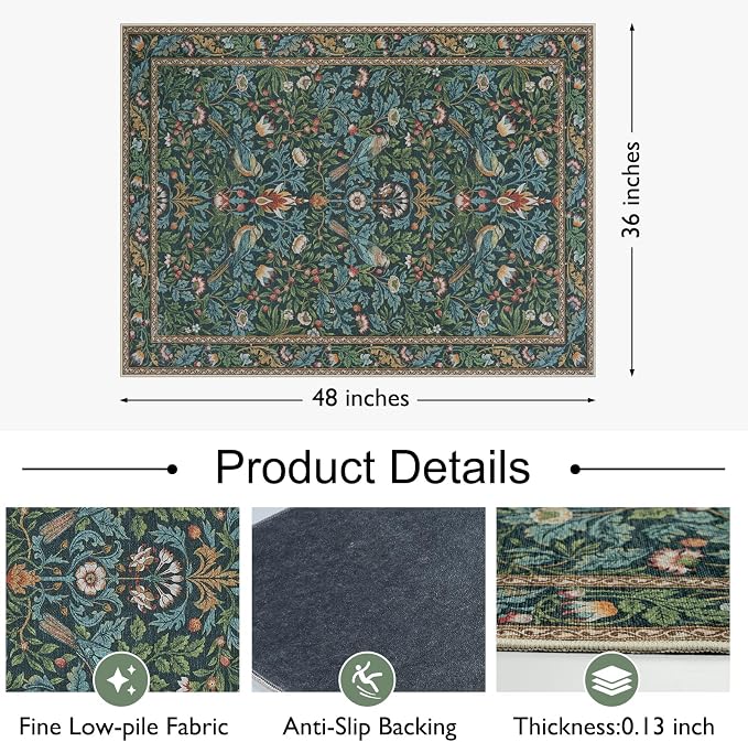 Anidaroel 36"x48" Office Chair Mat for Hardwood Floor/Tile Floor, Vintage Desk Rug for Office, Anti-Slip Office Rugs for Rolling Chairs, Low Pile Offices Chair Rug,Navy Blue Floral Bird