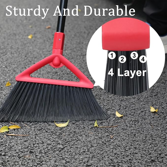 Heavy Duty Red Angle Broom with Long Handle - 4 Pack | Versatile Indoor/Outdoor Sweeping, for Courtyard/Garage/Sidewalk/Kitchen/Lobby/Canteen, Durable & Efficient