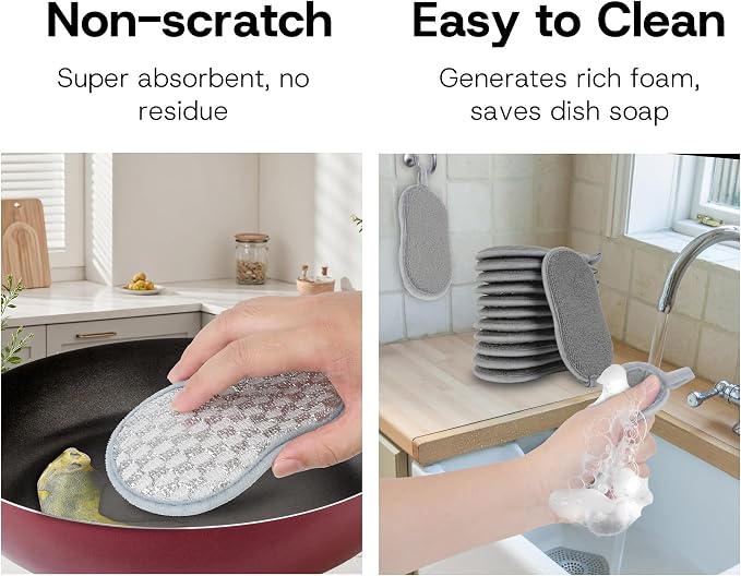 Multi-Purpose Dish Sponges Kitchen, Dual-Sided Non Scratch Scrub Sponges | 12Pack Reusable Cleaning Sponges with Microfiber & Metal Scrubber，Sponges for Dishes, Pots, Glass, Sink, Stovetop & Bathroom