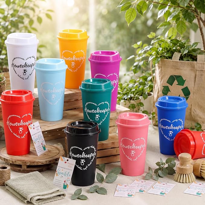 15 Sets Housekeeper Appreciation Gifts Plastic Cups with Lid Card | 10 Colors Portable Plastic Cups with Ribbon, Thank You Gifts for Housekeeping Week, Staff Coworker Team Events Supplies