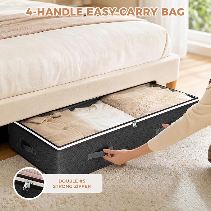Budding Joy Under Bed Storage Containers with Clear Lids, 4 Pack | Underbed Storage Bags for Blankets, Towels, Comforter, Sweaters, Linen Sheets, Wrapping Paper