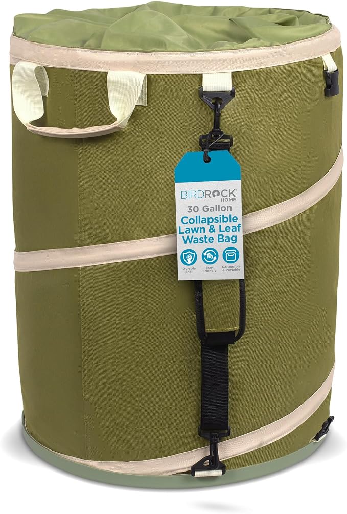 BIRDROCK HOME Collapsible Lawn and Leaf Waste Bag with Lid - 30 Gallon - Heavy Duty Reusable Camping Trash Can - Hardshell Bottom for Yard Debris, Garage Storage - Portable Garden Bin - Green | Heavy Duty Reusable Camping Trash Can with Hardshell Botto...