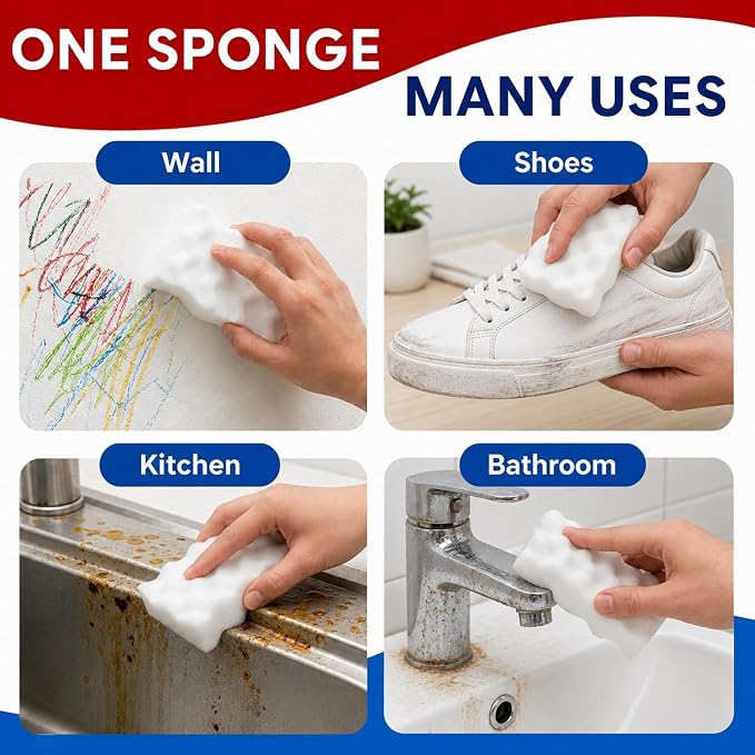 3X Density Magic Sponge Eraser, 10 Pack Cleaning Sponge for Kitchen & Bath | 3X density foam, Extra durable sponge, Ergonomic wavy grip, Deep cleaning power, Multi-surface cleaning, 10 pack value