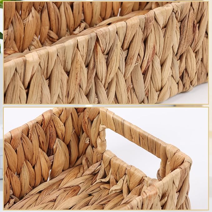 Moosky Wicker Storage Baskets with Handle Water Hyacinth Basket for Organizing Decorative Storage Bins for Countertop Toilet Tank Boho Rectangular Home Organizer (Natural, 14.5" x 5.5" x 4.1")