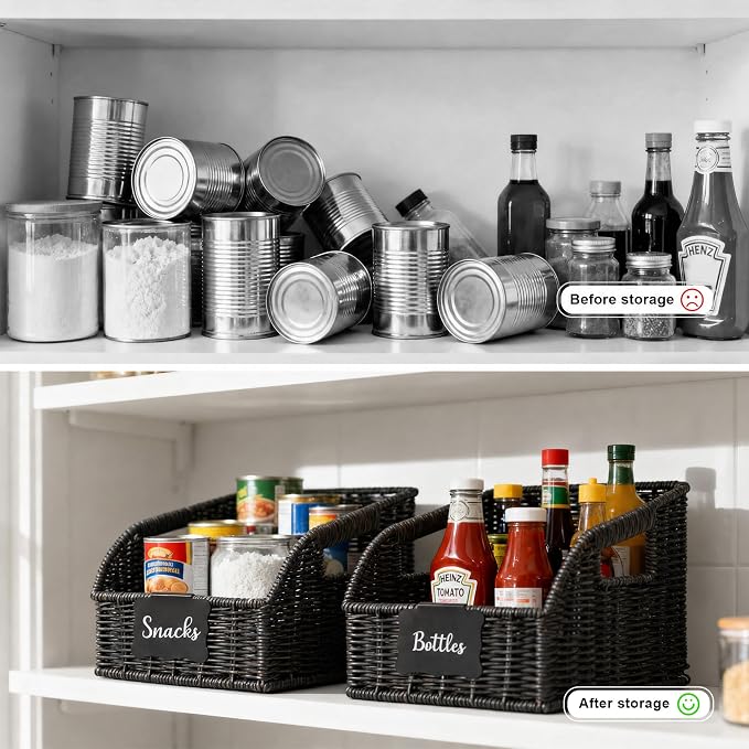 Brownlily Faux Wicker Pantry Storage Baskets, Black-Single Set (3-Piece) | Handwoven Baskets for Organizing with Built-in Handles, All-Purpose Storage Baskets with Chalkboard for Shelves,Laundry Room