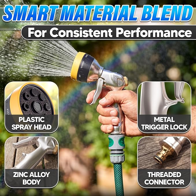 Metal Garden Hose Nozzle High Pressure, 8 Spray Patterns, Lock Clip | Heavy Duty Hose Nozzle for Garden Watering, Car Washing, Patio Cleaning, Leak Proof Gasket and Hands-Free Spraying