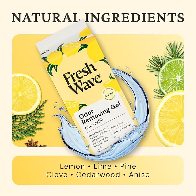 Fresh Wave Odor Removing Gel 4-Pack Glass Jar & 63oz Refill, Lemon | Refills 7oz gel up to 9 times or 15oz up to 4 times. Gel odor eliminator for bathroom, closet, or garage. No plug-in.