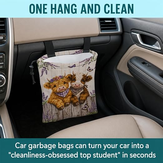 Farmhouse Highland Cows Car Trash Bag Hanging for Back Seat | Rustic Lavender Floral Cow Canvas Drawstring Car Garbage Bag with Adjustable Buckle Vehicle Trash Can