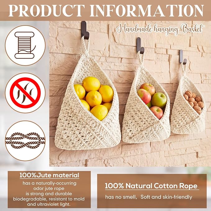 3 Hanging Baskets,White,Triangle,Cotton Rope | Wicker Wall Baskets with Hooks for Fruit Vegetable Onion Storage, Teardrop Organizer for Kitchen, Boho Farmhouse Decor