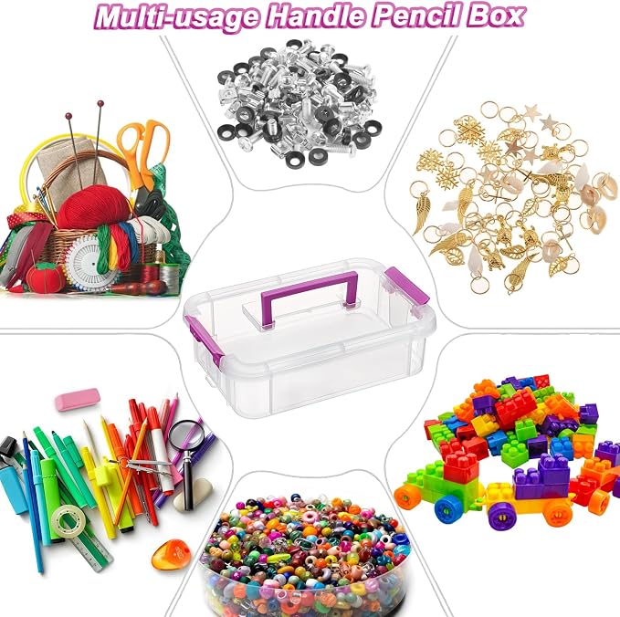 BTSKY Clear Plastic Storage Box, Portable Organizer Container Purple Handle | Stackable Storage Bin for Office Home, Multi-Use Container Box with Lid for Stationery Jewelry Craft Sewing Supplies
