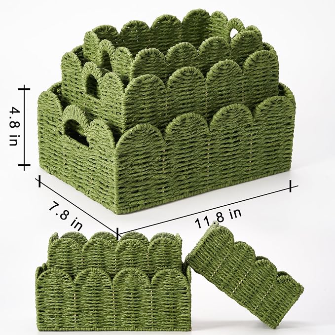Scalloped Wicker Basket Set of 3, Hand-Woven Storage with Handles | set of 3 green scalloped baskets with handles. Hand-woven paper rope for shelves, bathroom or closet. Stackable, sturdy.