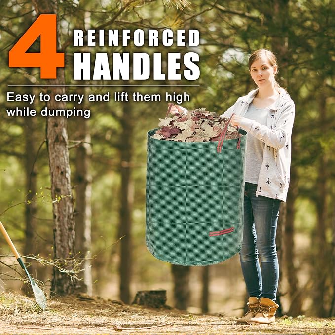 132 Gallon 3 Pack Reusable Lawn Bags for Yard & Garden | Heavy duty, Standable leaf bags, With 4 handles, Includes gloves, Ideal for leaves, Grass clippings, Camping, and recycling