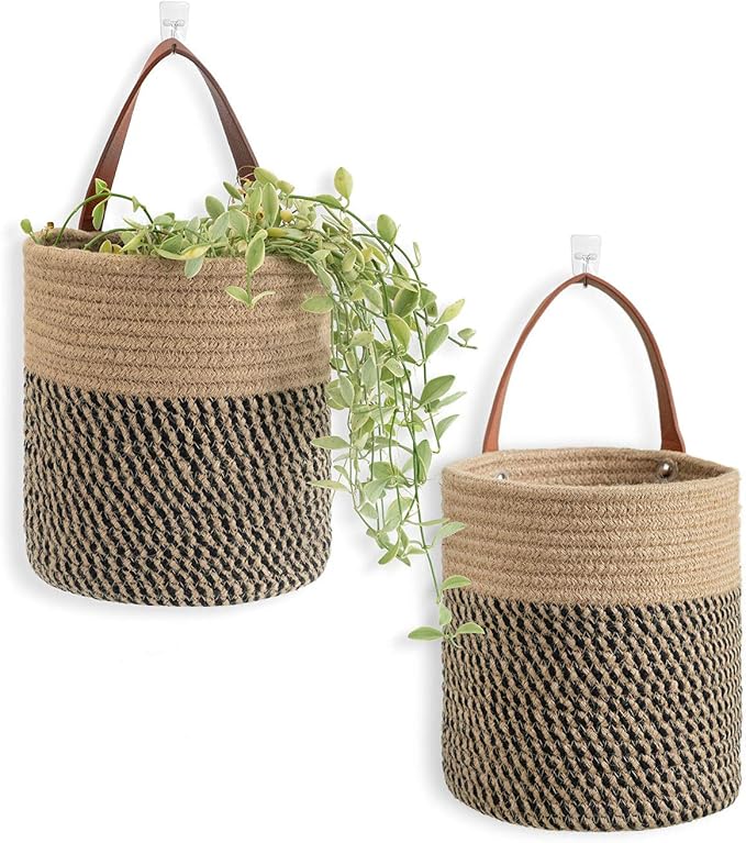 Goodpick 2 Pack Jute Rope Wall Hanging Storage Baskets for Home Decor | Boho Woven Hanging Plant Basket Decor, Decorative Basket for Home, Size 7.87×7×11.7 Inches for Wall Flower & Home Storage