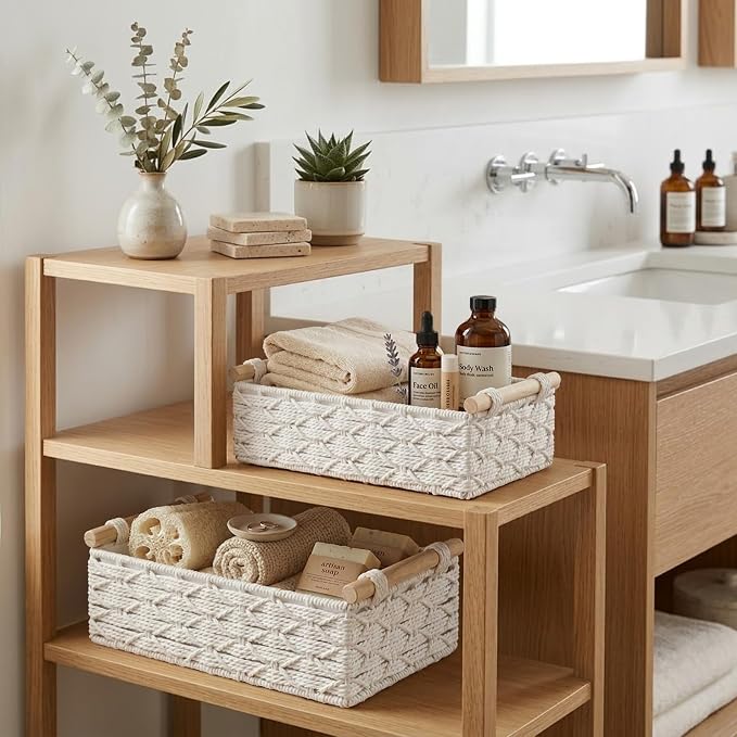 DECOMOMO White Wicker Baskets, Back of Toilet Basket | Bathroom Basket Organizer, Countertop, Home Decor (Set of 2, White)