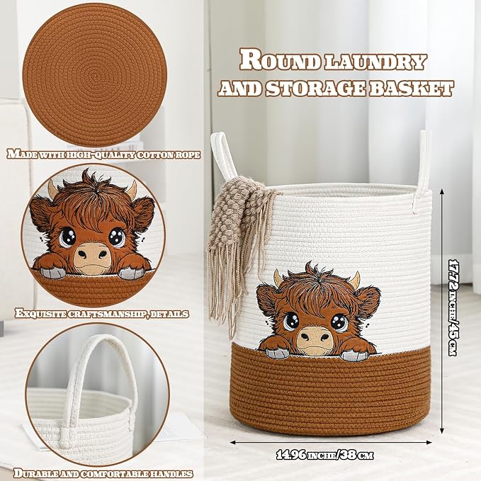 Honeydak Highland Cow Laundry Basket Brown Tall Cotton Rope Laundry Hamper Large Nursery Storage Basket for Toy Clothe Bathroom Bedroom Organization Decor, 15 x 17.7 Inches