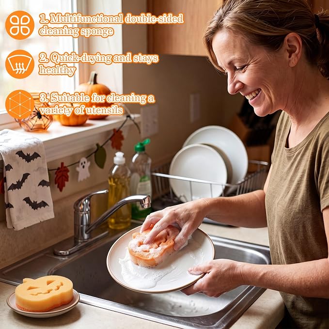 Tioncy 12 Pack Halloween Pumpkin Kitchen Sponges, Orange | Dual Sided Scrubber, Gothic Halloween Decor, Reusable Non Scratch Dishwashing, for Cookware Pot Boiler Pan Household