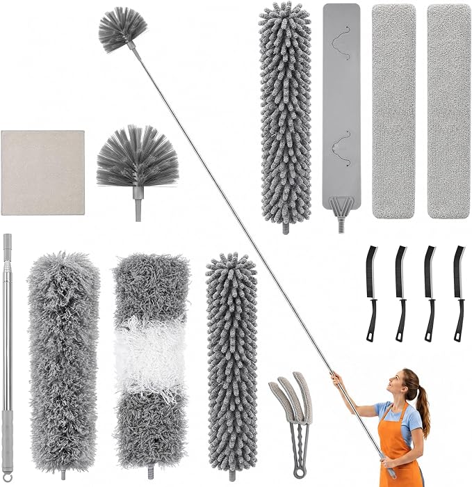 15-Piece Duster with Extension Pole, Cobweb Duster for High Ceiling | Spider web brush and flat gap cleaner for homes, apartments, fans, blinds, walls, furniture, cars and under appliances