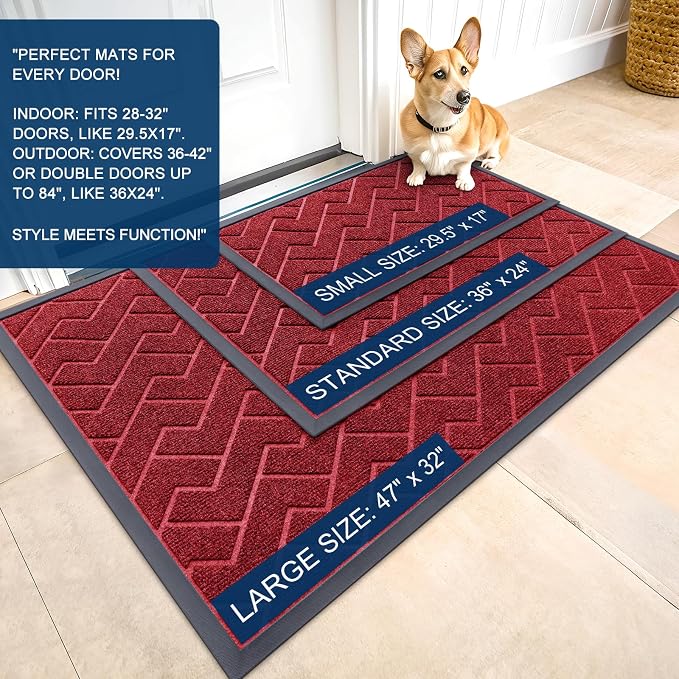 OLANLY Front Door Mat Outside 35x23, All-Season Absorbent Rubber Doormat | Wine Red, Heavy-Duty, Stain Fade Resistant, Waterproof Non-Slip Backing, Low-Profile Indoor Outdoor Floor Mat for Entryway
