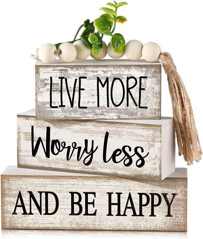 Moucuny 4 Pcs Inspirational Farmhouse Table Decor Rustic Stacked Wooden Block Sign - Live More Worry Less Be Happy Centerpieces Set with Beaded Tassel and Artificial Plant for Home, Office, Shelf Gift