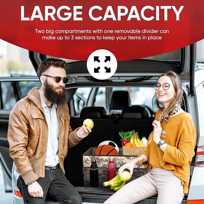 FORTEM Trunk Organizer - Foldable Car Organizer & Storage for SUVs & Trucks | Car Accessories for Men Women, Collapsible Bag, Non Slip Bottom, Straps, Soft Cover, 600D Oxford, 3 Compartments, 50L