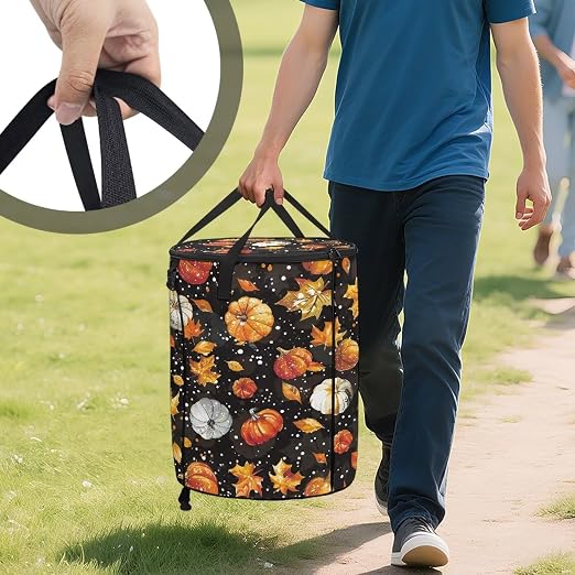 doginthehole Fall Maple Leaves Pumpkin Collapsible Trash Can Portable Tall Trash Can Recycling Bin 22.83x17.71 Outside Garbage Bin Storage Bag with Clip and Zipper Lid, Fall Decorations for Outdoor