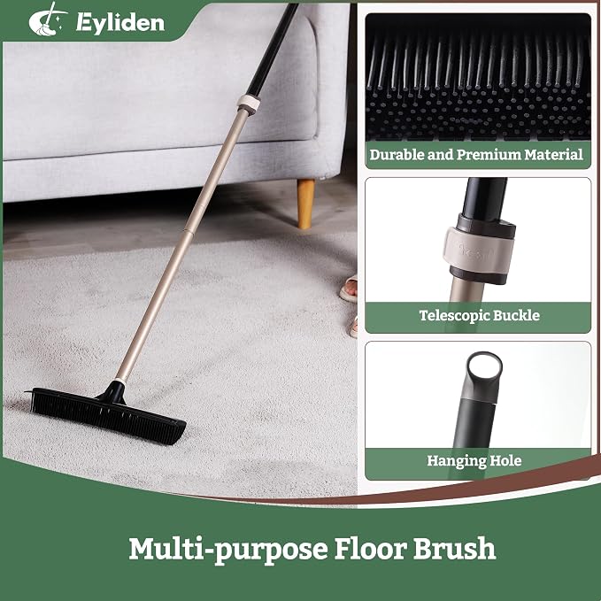 Eyliden Rubber Carpet Rake with Squeegee for Pet Hair & Floor Water Removal | 2-in-1 Push Broom, Fur Brush for Carpet Rug, Scrape for Liquid Spills on Hardwood Tile, 54" Telescopic Handle, 45° Angle Head