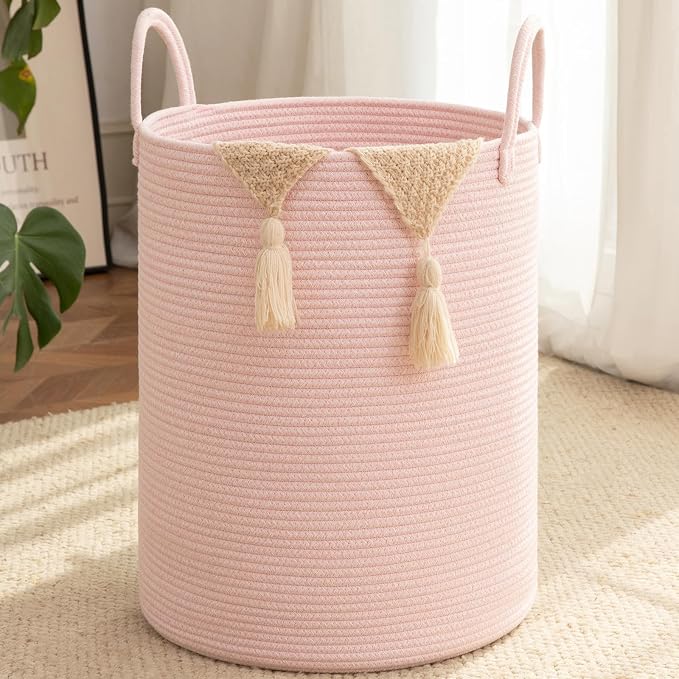 OIAHOMY 60L Nursery Hamper Laundry Basket Laundry Hamper Pink | collapsible Blanket Basket Cotton Rope Woven Basket Dirty Clothes Hamper Baby Hamper Tall Clothes Hamper with Handles